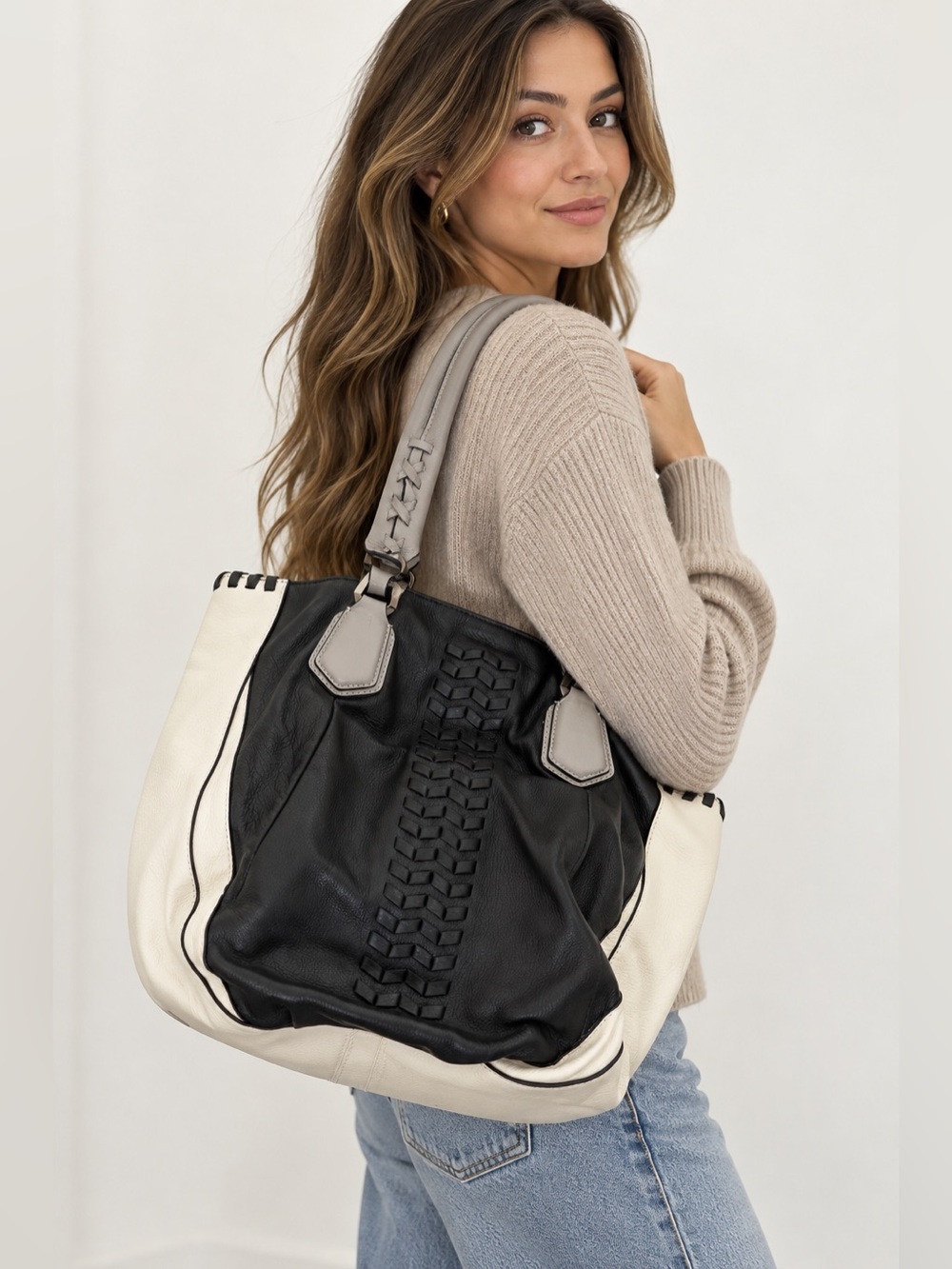 orYANY Lyssie Leather Colorblock Tote Black White Gray Braided Shoulder Bag